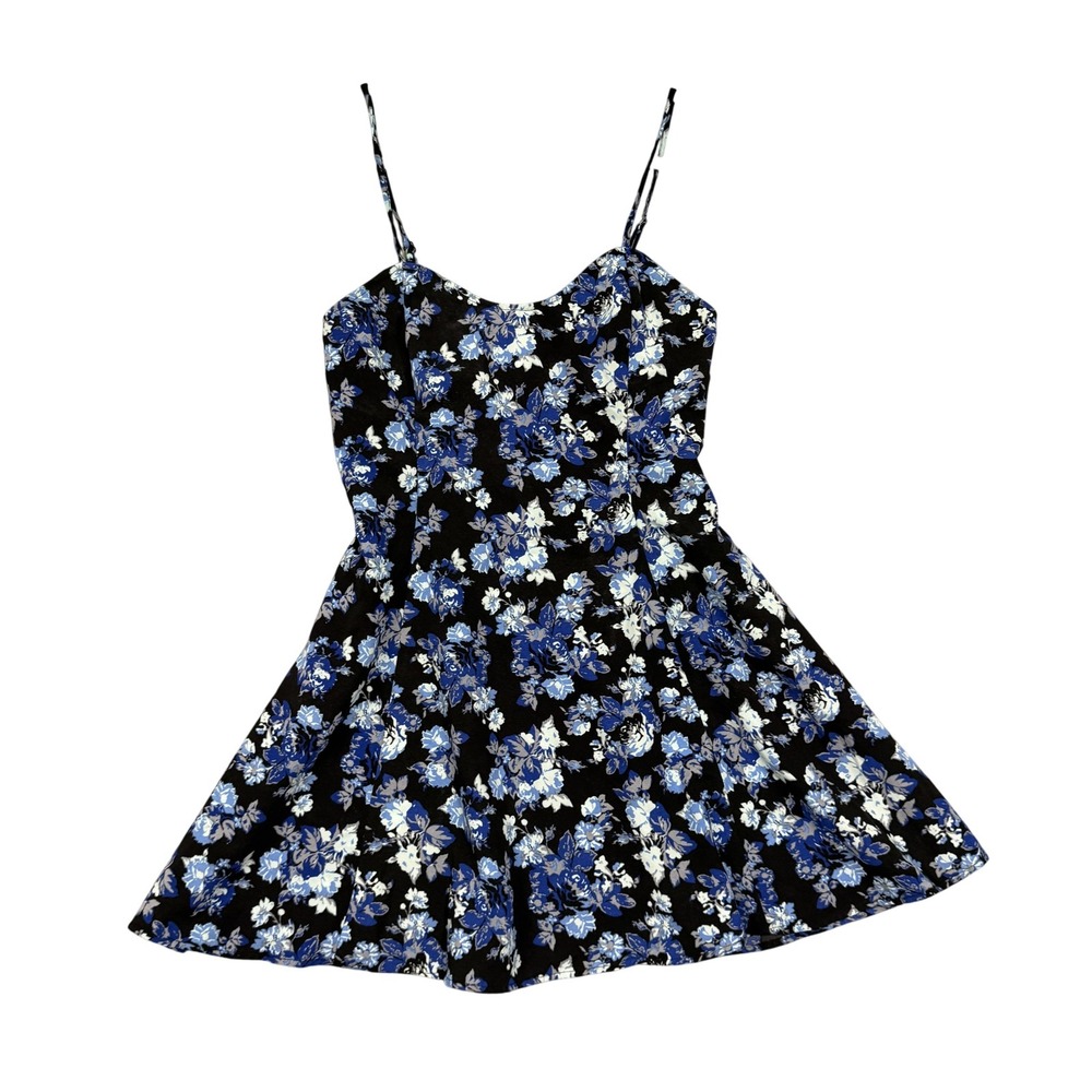 Mudd Dress Womens Juniors Medium Black Blue Floral Fit Flare Sundress Summer